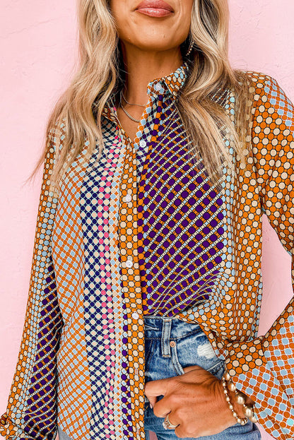 Brown Dot Print Long Sleeve Button Down Shift Shirt