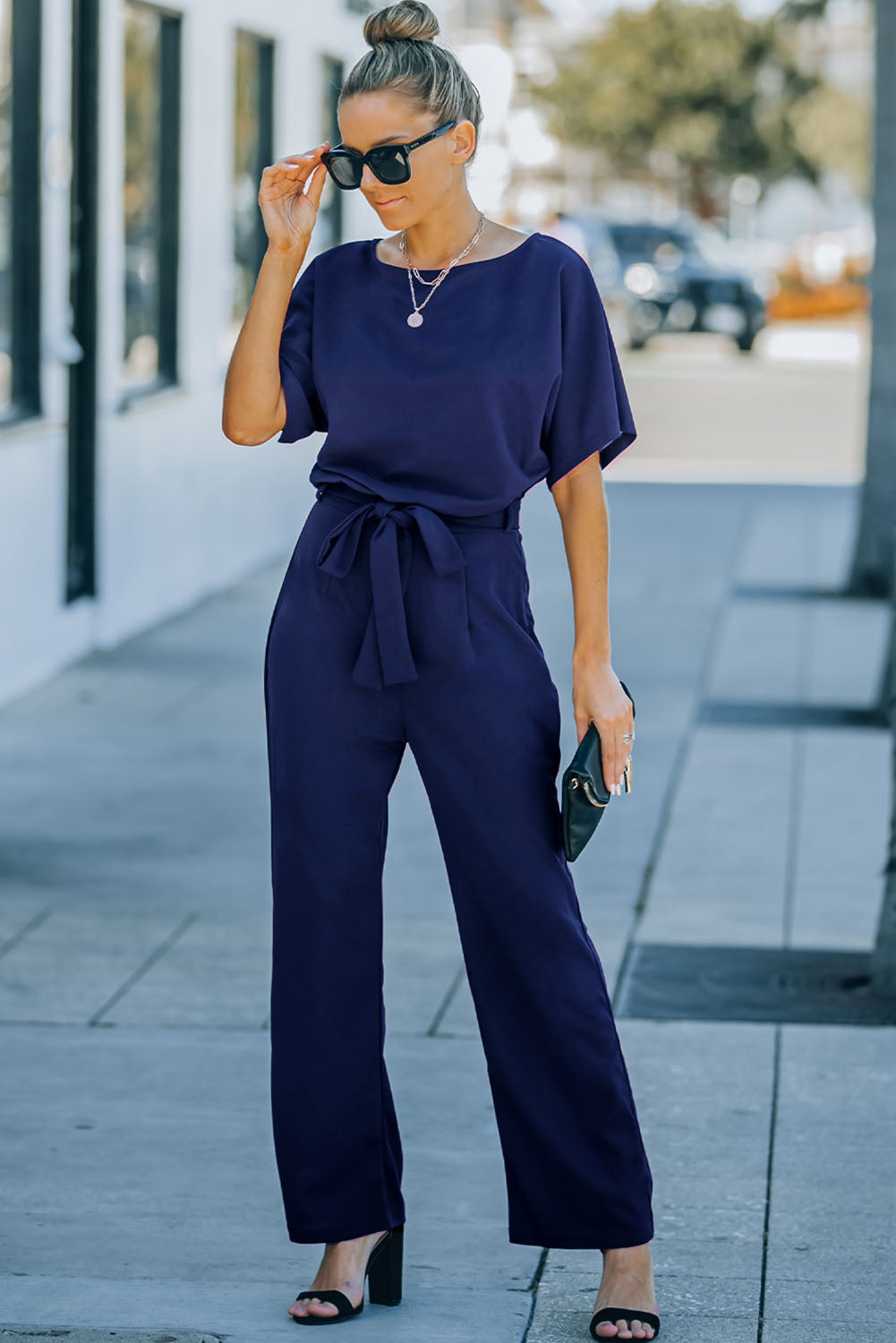 Blue Belted Wide Leg Jumpsuit