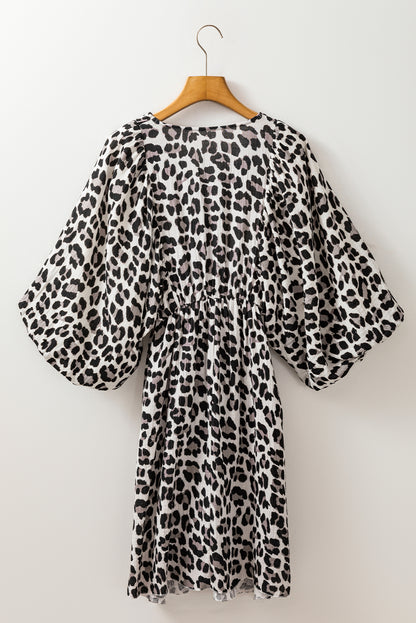 Black Leopard Print Elasticated V Neck 3/4 Puff Sleeve Dress