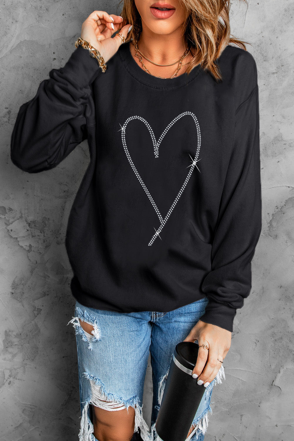 Black Rhinestone Heart Pattern Valentines Fashion Sweatshirt