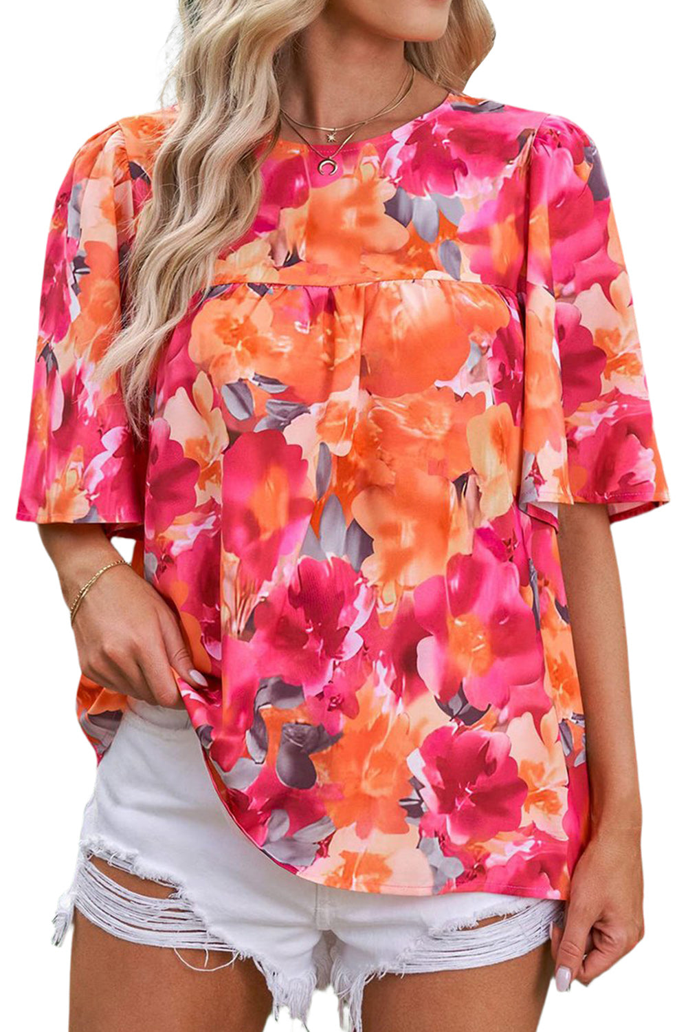 Fiery Red Floral Print Wide Sleeve Blouse