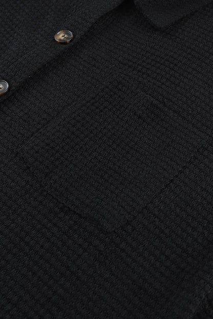 Black Waffle Knit Button Up Casual Shirt