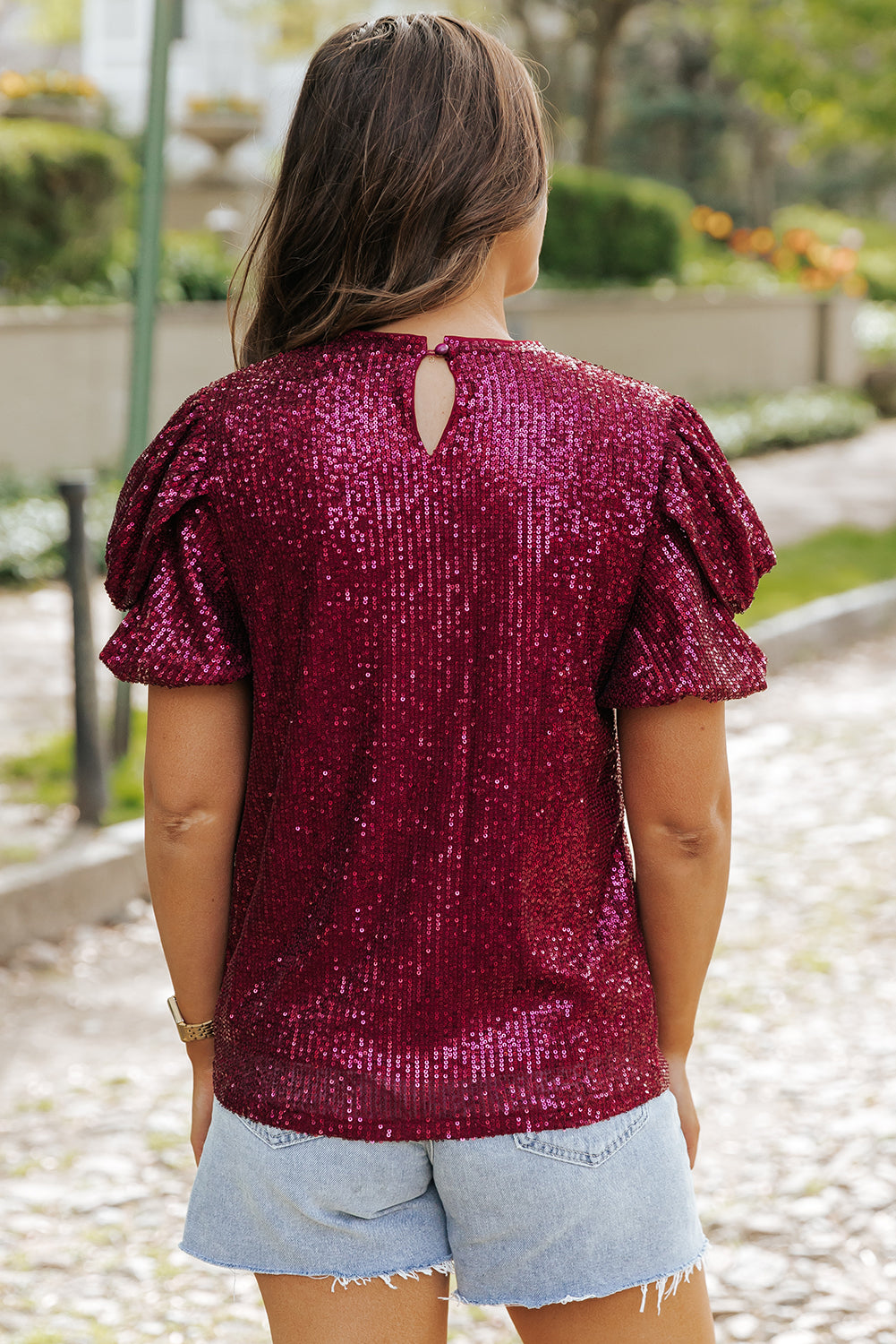 Burgundy Glittering Sequin Short Bubble Sleeve Blouse