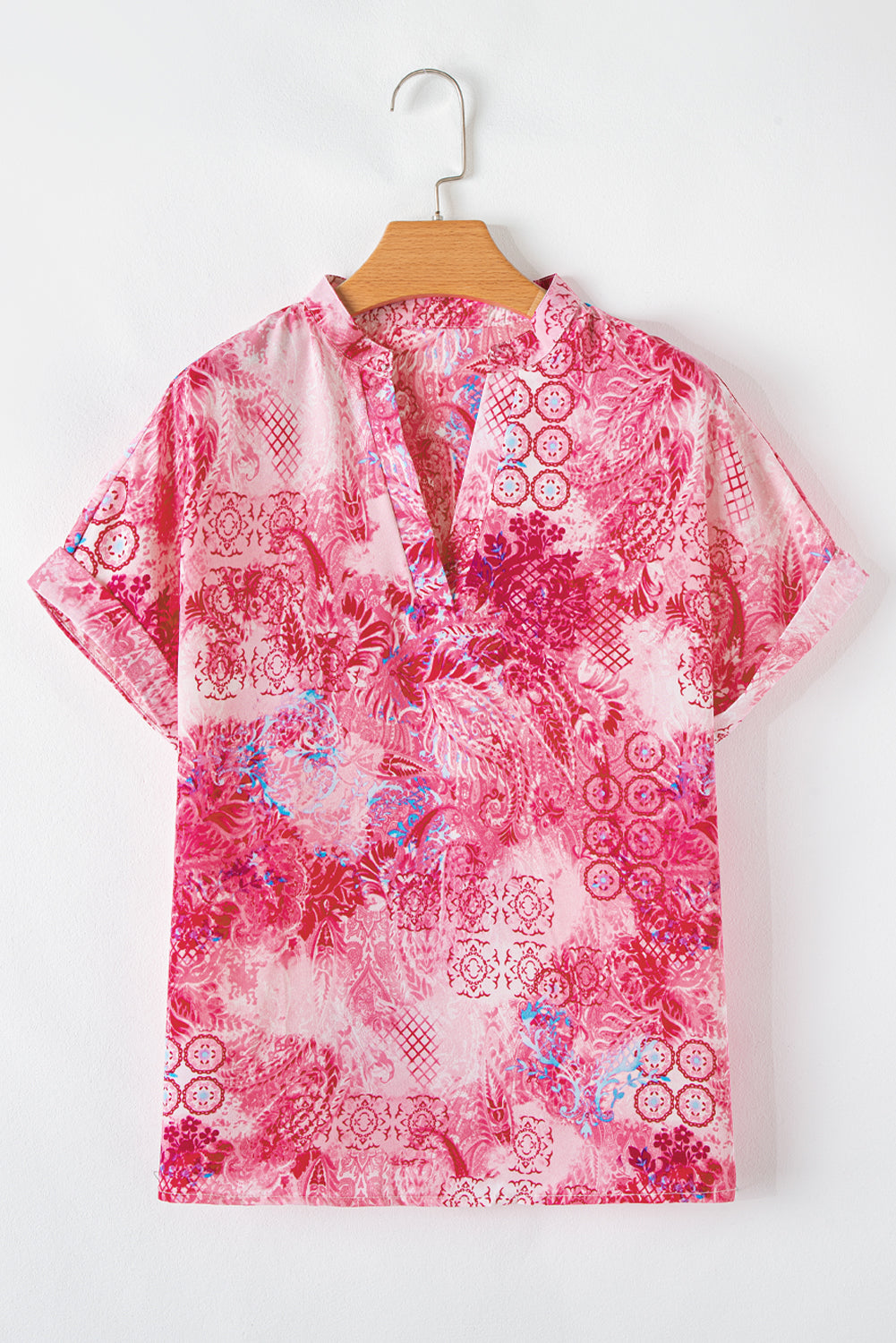 Rose Abstract Floral Print Notch V Neck Rolled Short Sleeve Blouse