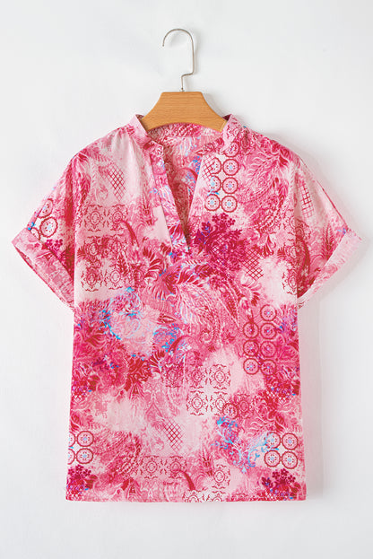 Rose Abstract Floral Print Notch V Neck Rolled Short Sleeve Blouse