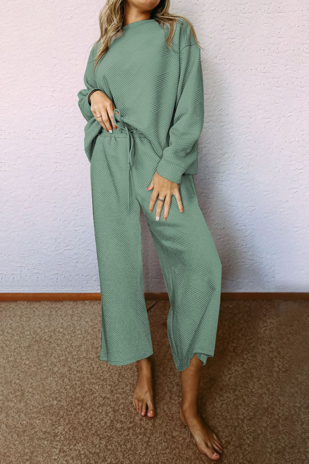 Dark Khaki Textured Loose Slouchy Long Sleeve Top and Pants Set