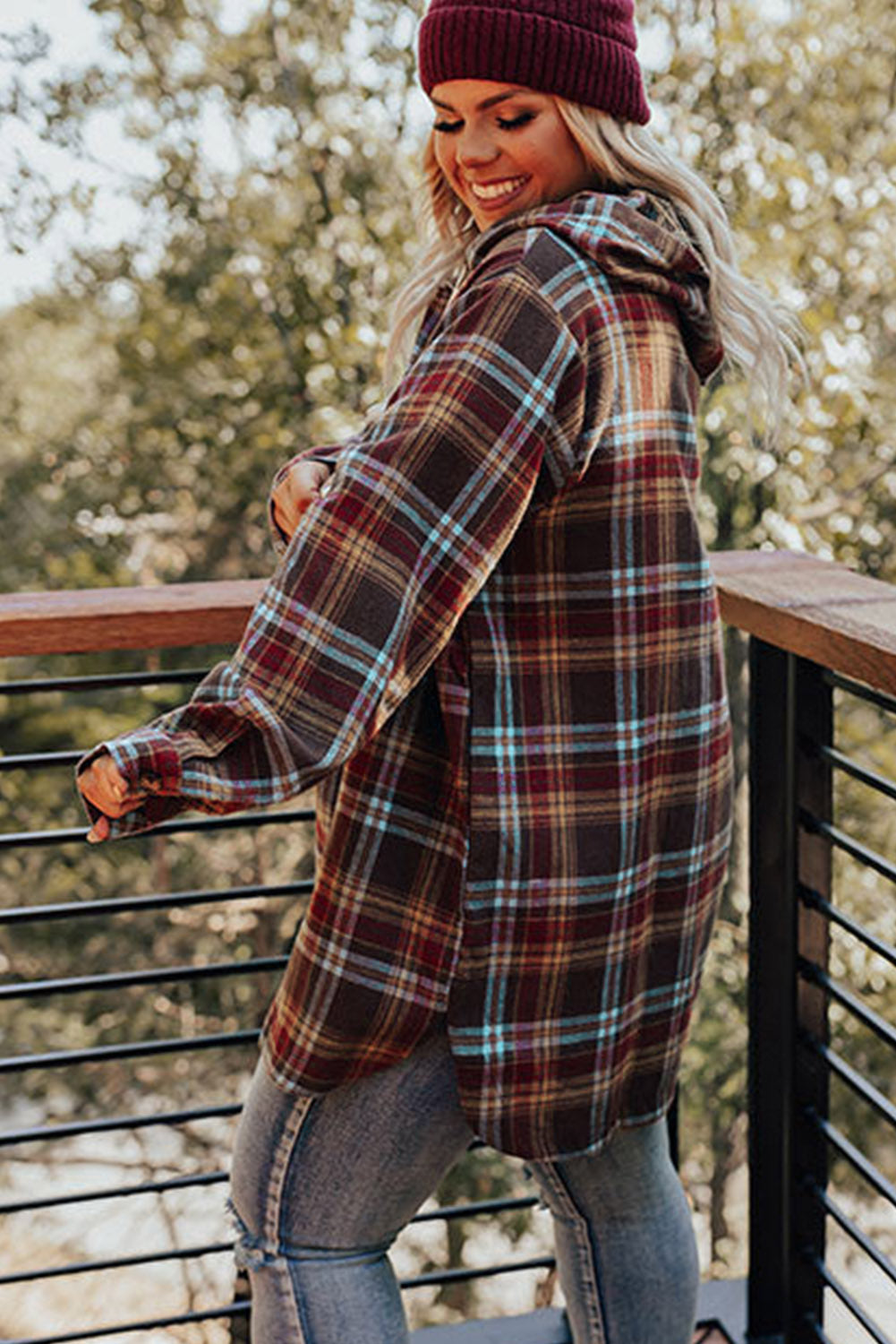 Red Plus Size Plaid Kangaroo Pocket Drawstring Hoodie