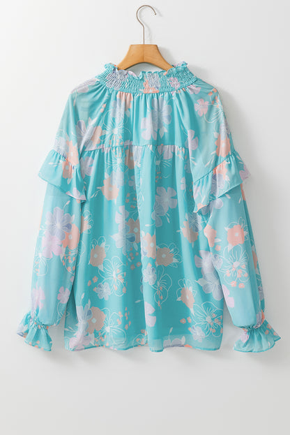 Sky Blue Floral Split Neck Ruffled Puff Sleeve Blouse