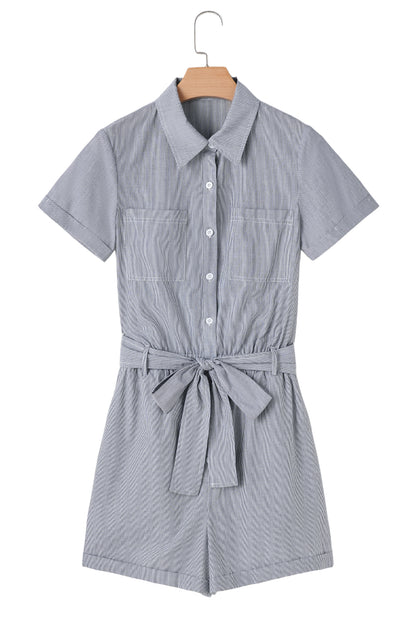 Blue Stripe Chest Pockets Buttoned Belted High Waist Romper