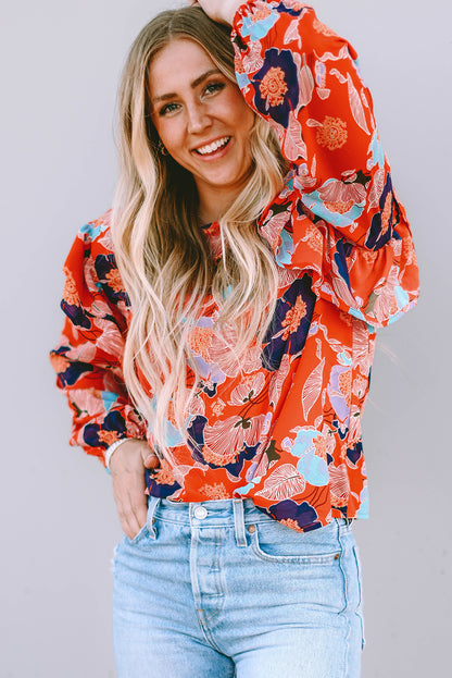 Fiery Red Floral Print Ruffle Puff Sleeve Blouse