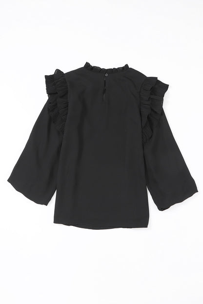 Black Button Keyhole Back Pleated Ruffle Trim Blouse