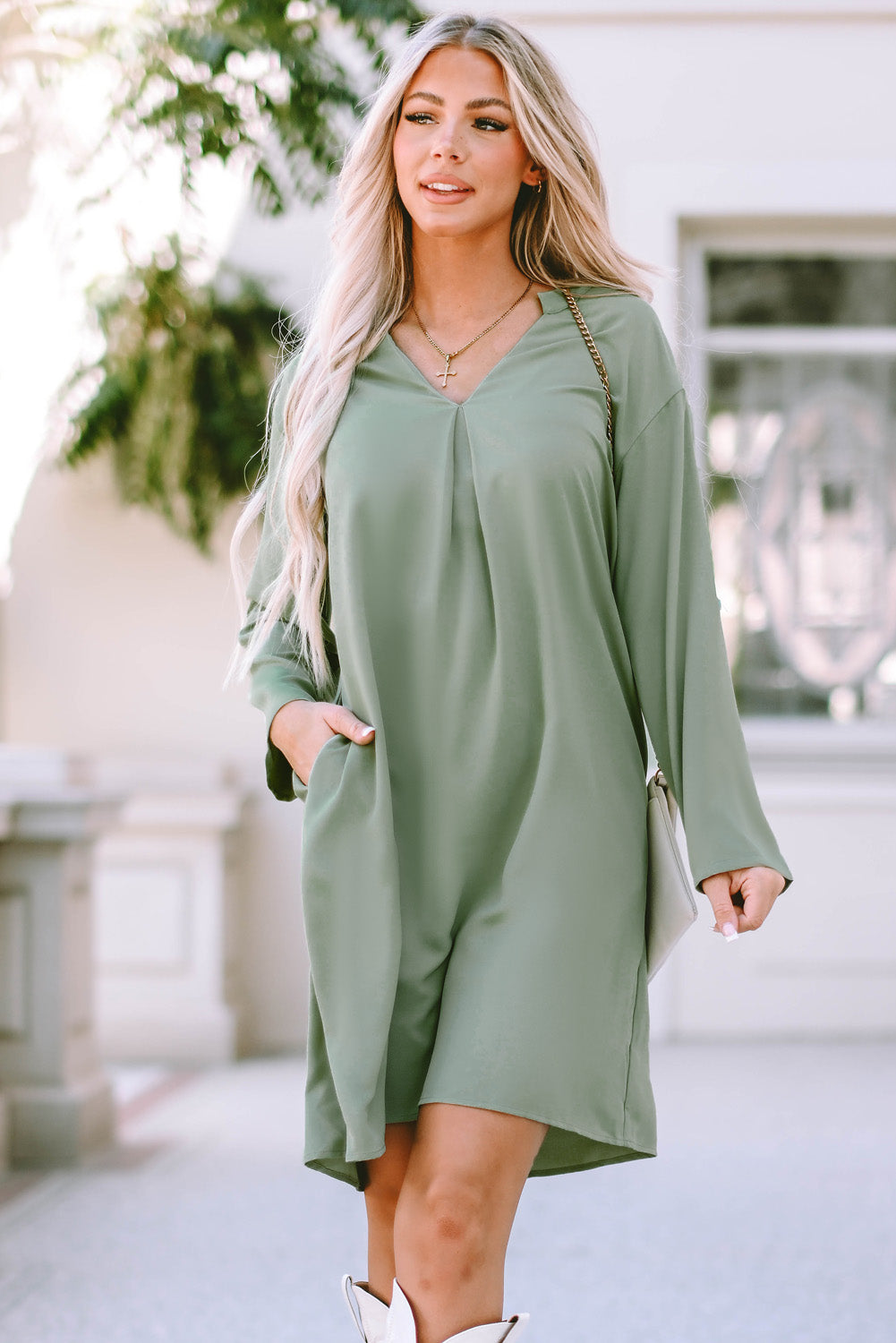 Green Roll-tab Sleeve Flowy Casual Dress