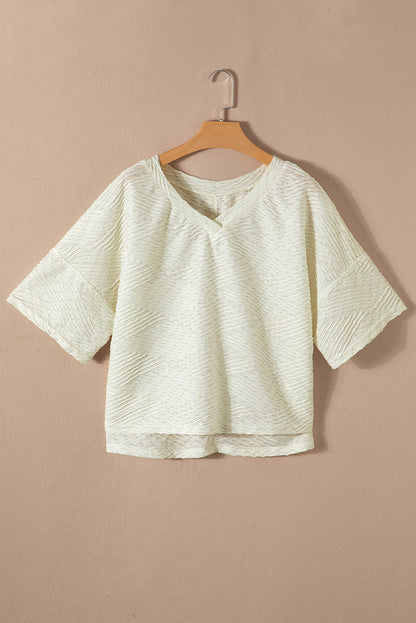 Beige V Neck Textured Split Hem Oversized Top