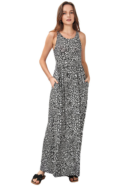 Gray Leopard Print Pocketed Sleeveless Maxi Dress