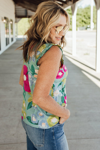 Green Floral Print Ruffle Trim Tank Top