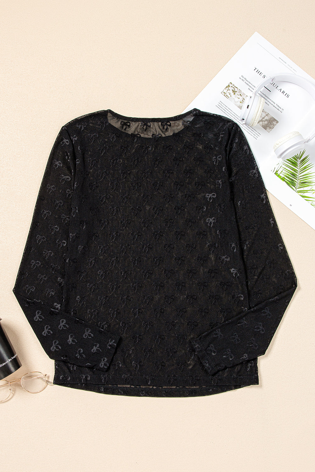 Black Mesh Bow Pattern Long Sleeve Top