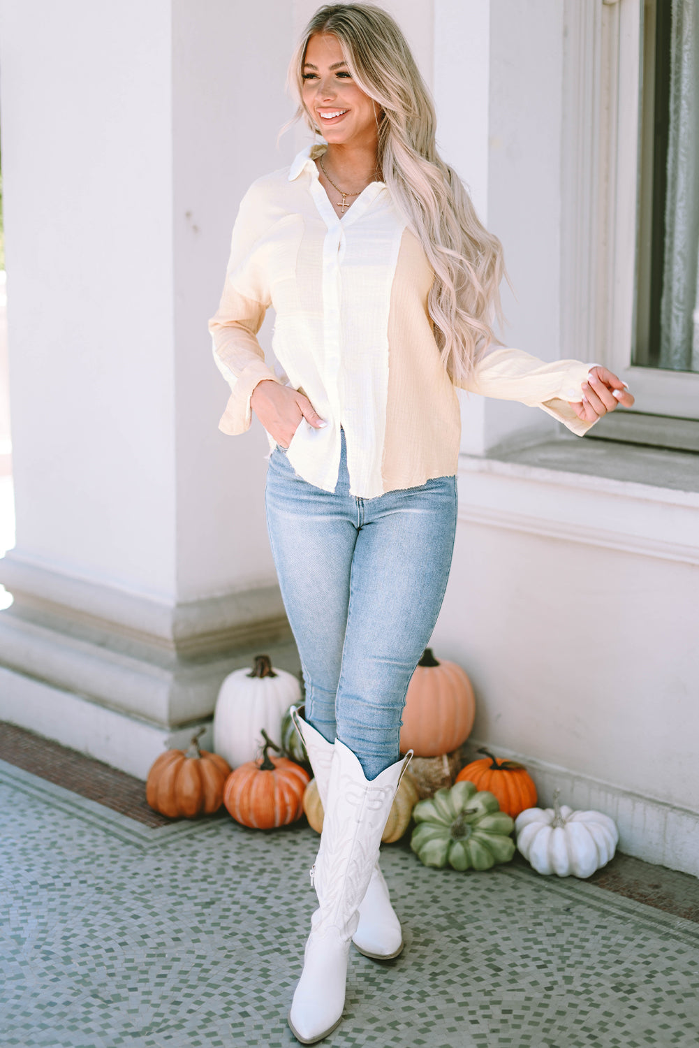 Khaki Color Block Buttoned Raw Hem Textured Shirt