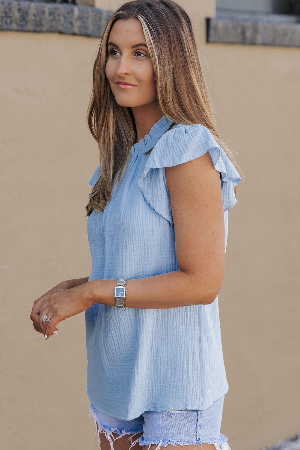 Sky Blue Flutter Sleeve Frilled Neck Textured Blouse