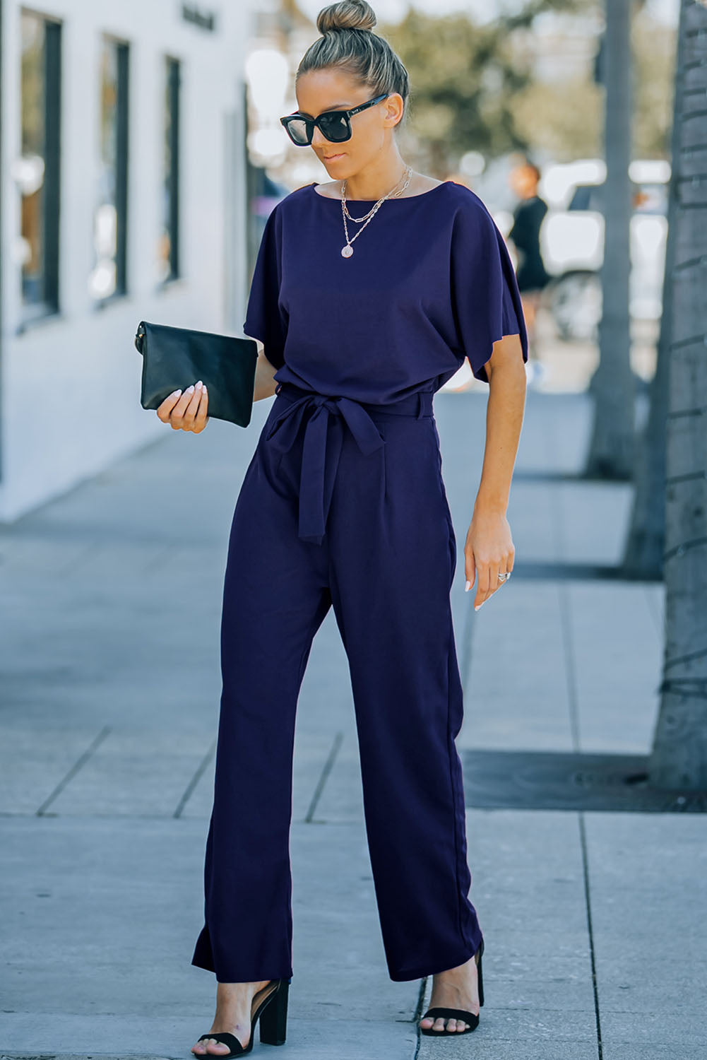 Blue Belted Wide Leg Jumpsuit