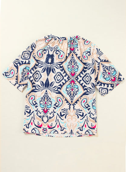 White Abstract Printed Notched V Neck Split Half Sleeve Blouse