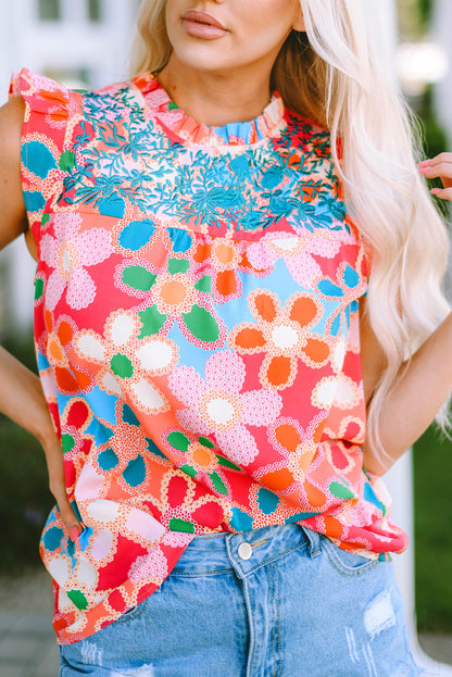 Pink Embroidered Detail Floral Print Ruffle Trim Tank Top