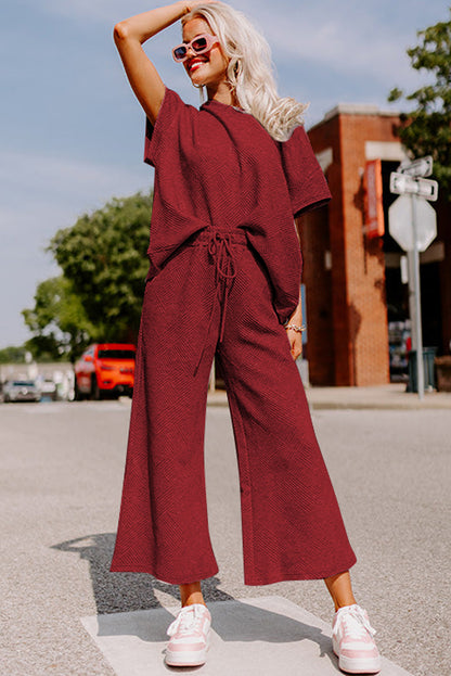 Black Textured Loose Fit T Shirt and Drawstring Pants Set