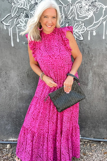 Rose Red Leopard Print Ruffled Trim Tiered Maxi Dress