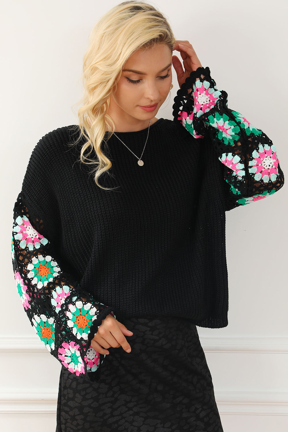 Black Floral Crochet Bell Sleeve Loose Sweater