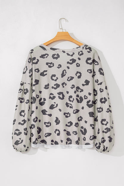 Gray Printed Leopard Balloon Sleeve Thermal Knit Plus Size Top