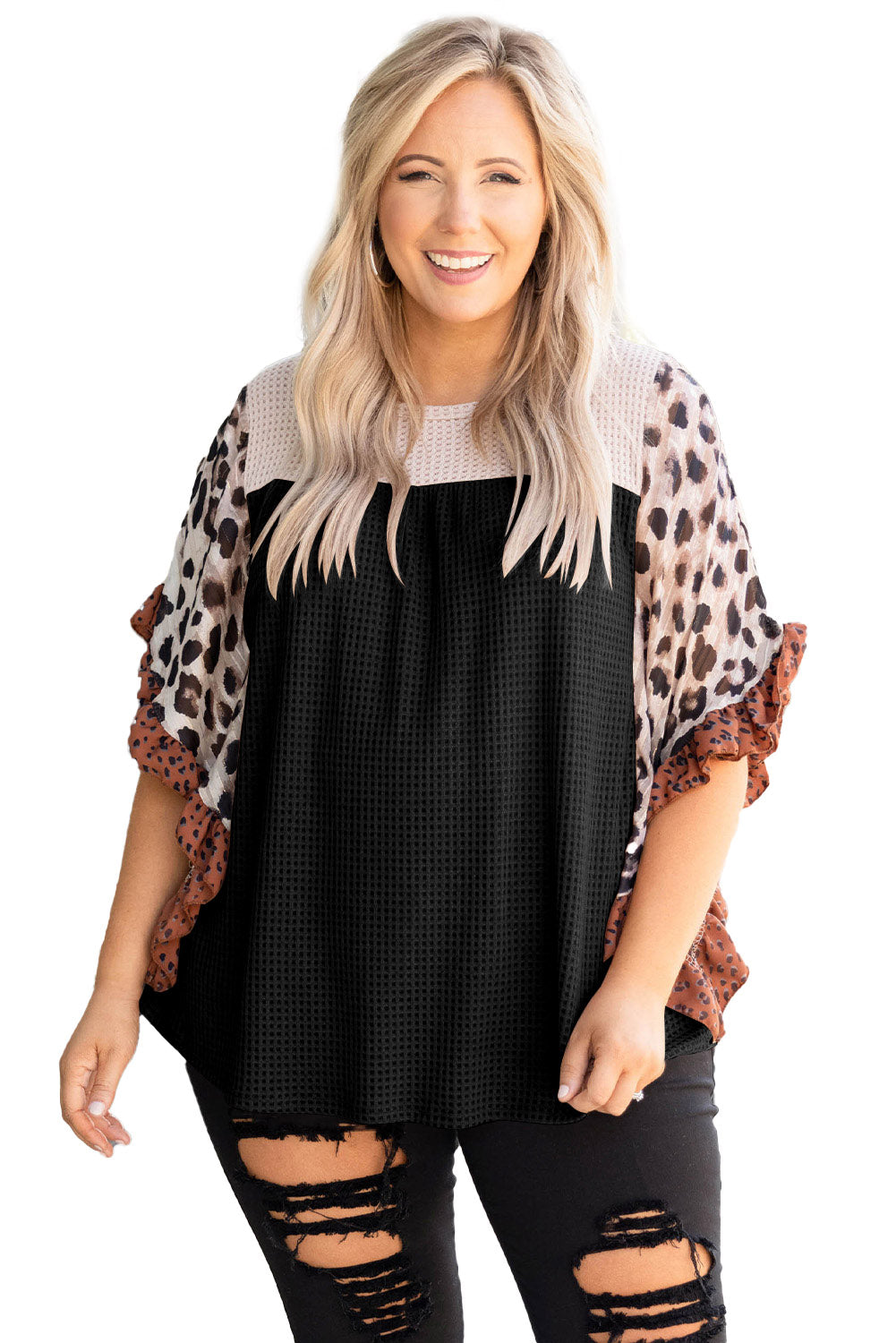 Black Rib Knit Animal Print Ruffle Sleeves Plus Size Top