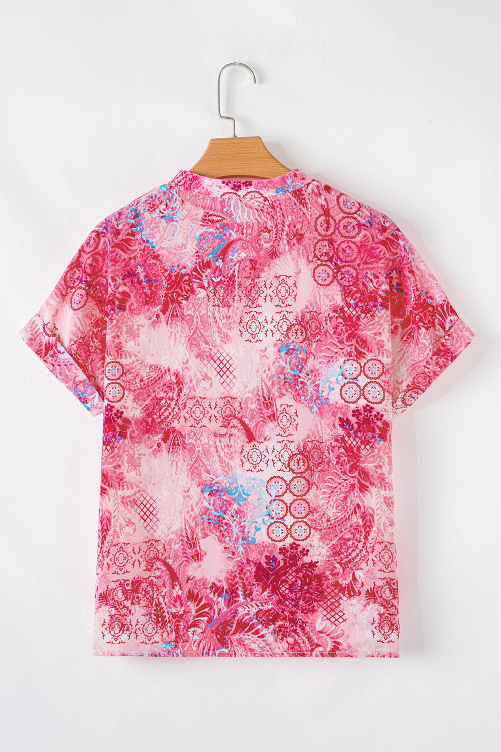 Rose Abstract Floral Print Notch V Neck Rolled Short Sleeve Blouse