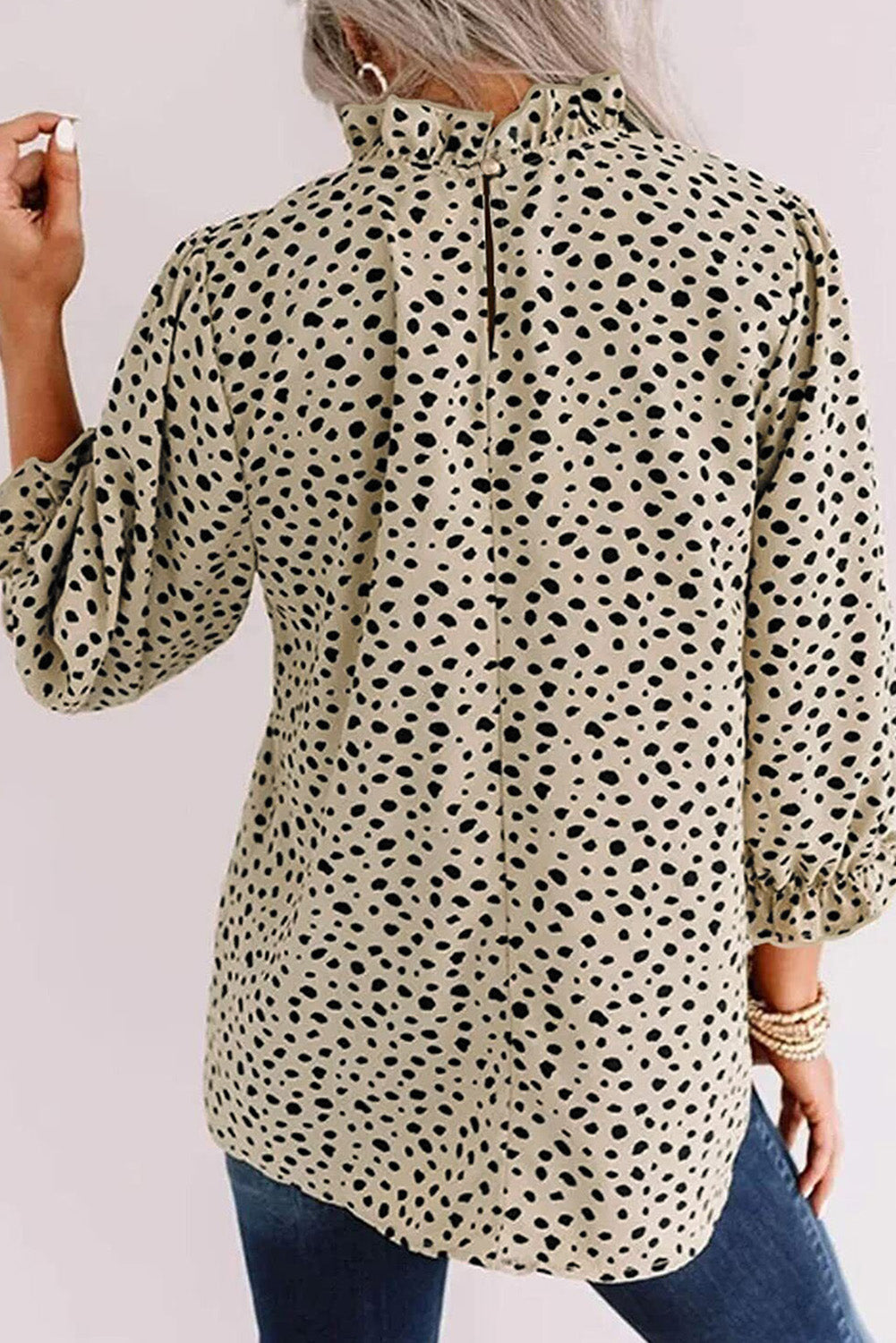 Khaki Frilled Neck 3/4 Sleeves Cheetah Blouse