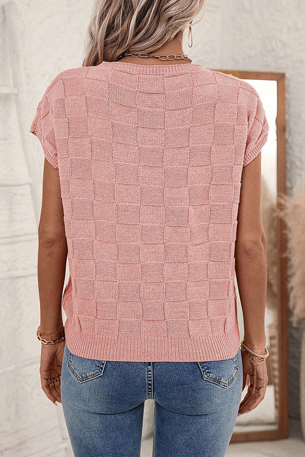 Dusty Pink Lattice Textured Knit Short Sleeve Sweater