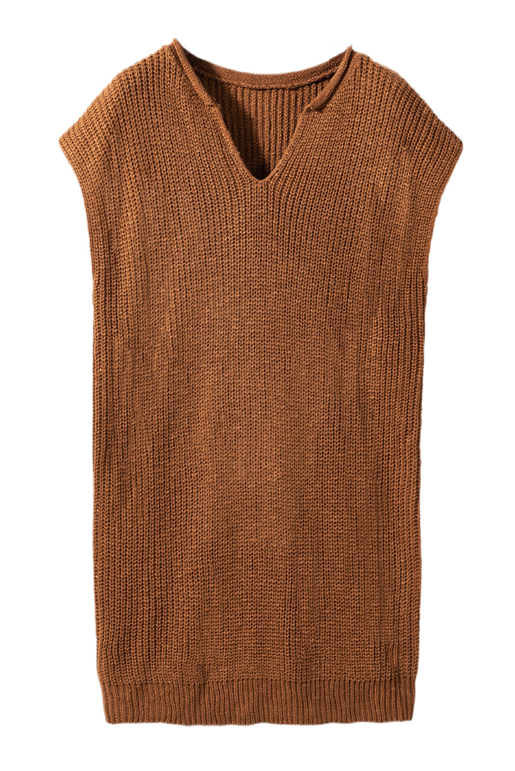 Camel Solid Color Short Sleeve Notched V Neck Sweater Dress