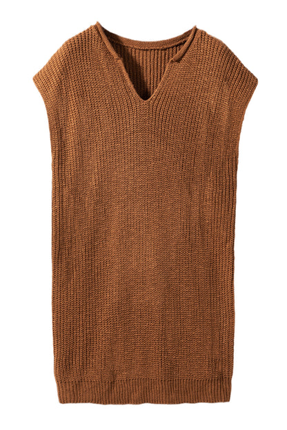 Camel Solid Color Short Sleeve Notched V Neck Sweater Dress