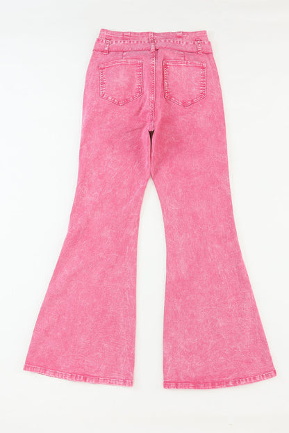 Pink Flare Leg High Waist Front Knot Casual Jeans