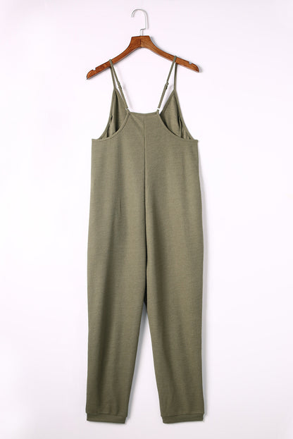 Green Textured Sleeveless V-Neck Pocketed Casual Jumpsuit