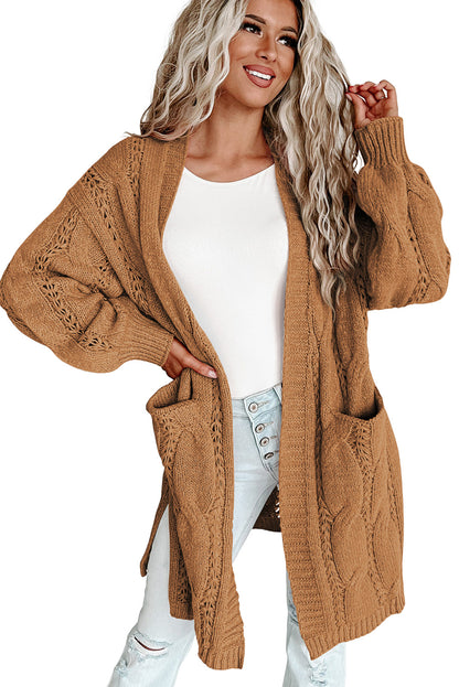 Red Ribbed Trim Hollow Knit Side Slits Cardigan