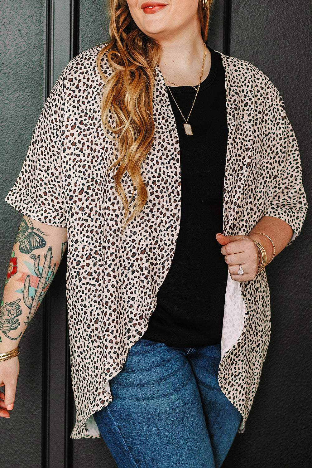 Khaki Plus Size Leopard Print Half Sleeve Open Front Cardigan