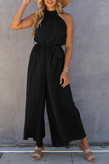 Black Elegant Halter Neck Belted Pleated Wide Leg Jumpsuit