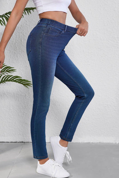 Ashleigh Blue Multiple Pockets Straight Leg Washed Stretchy Knit Casual Jeans