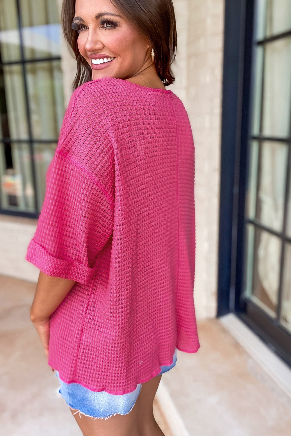 Strawberry Pink Textured Knit Split Neck Cuffed Short Sleeve Top