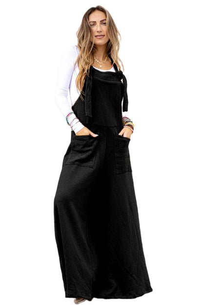 Black Knotted Straps Patch Pocket Wide Leg Jumpsuit