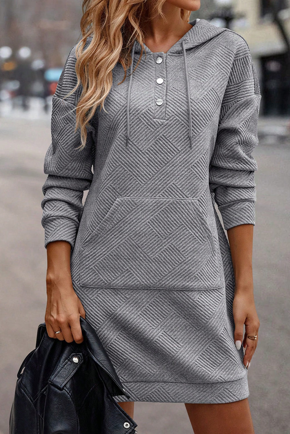 Gray Textured Kangaroo Pocket Drawstring Hooded Mini Dress