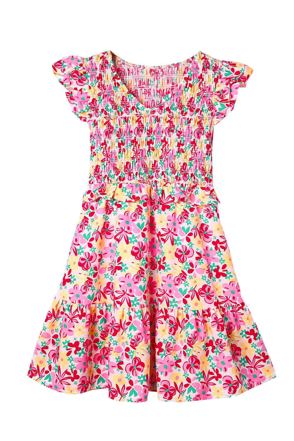 Multicolor Smocked Bodice Ruffle Trim Floral Dress