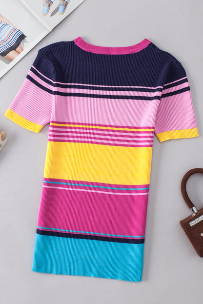 Pink Mixed Stripes Ribbed Knit Top