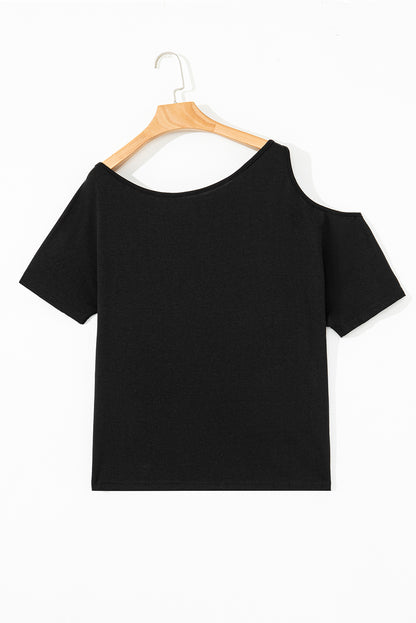 Black Solid Asymmetrical Neck Loose Casual T-Shirt