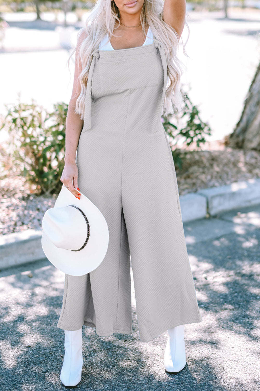 Light Grey Textured Self-Tie Strap Wide-Leg Overalls