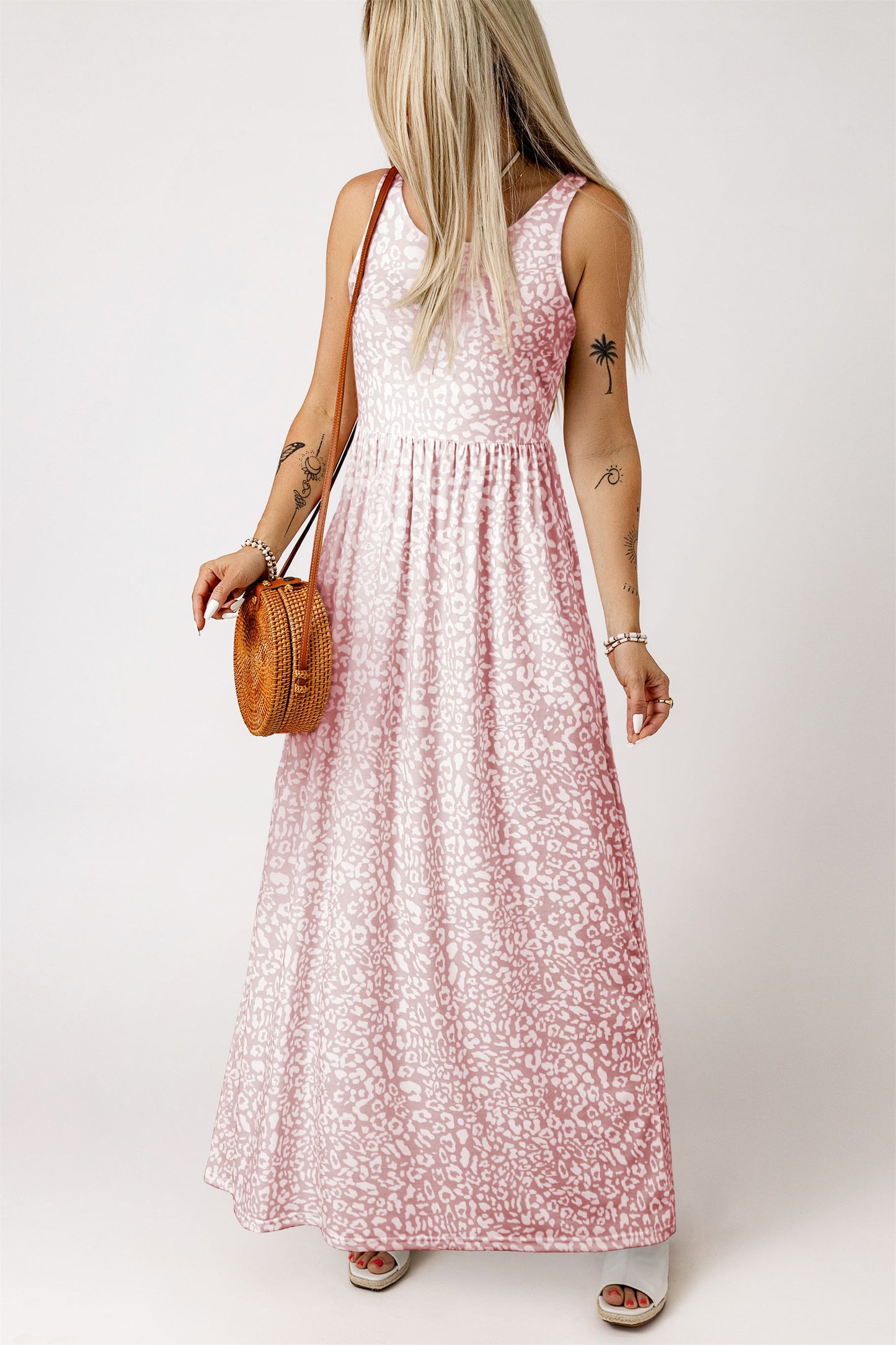 Pink Leopard Print Pocketed Sleeveless Maxi Dress