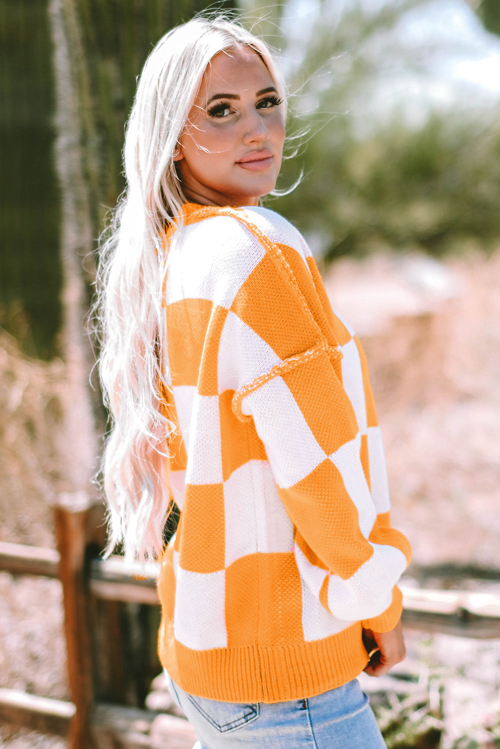 Orange Checkered Bishop Sleeve Sweater